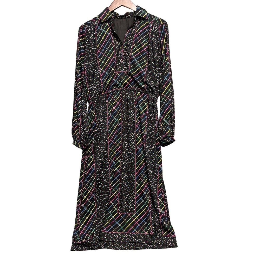 Unbranded Long Dress Black Multicolor Geo Print 70s Style Long Sleeve